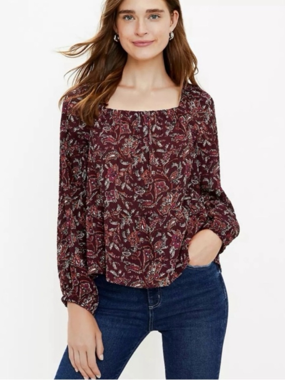 LOFT Paisley Burgundy Long Sleeve Blouse